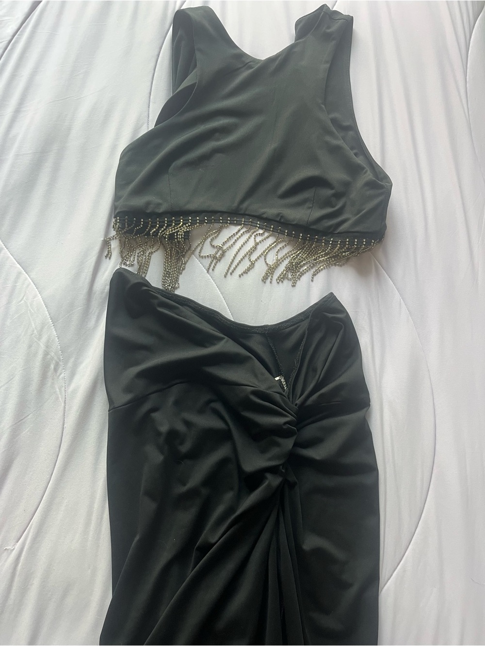 SHEIN Black Two-Piece Skirt Set with Gold Chain Fringe